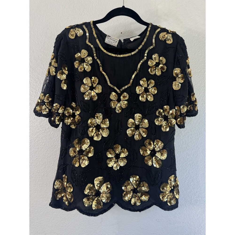 Stenay Silk Beaded sequin Blouse Floral Flowy Party Top